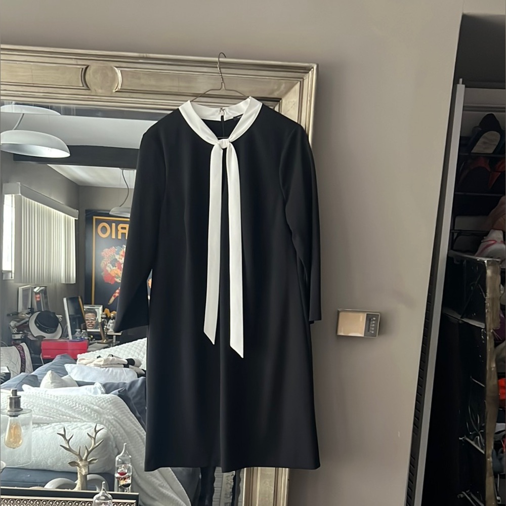 Black Midi A-Line Dress with Long Sleeves and white tie collar for Work or play